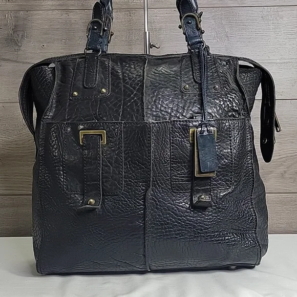 Gryson Black/Blue Pebble Leather Tote Bag